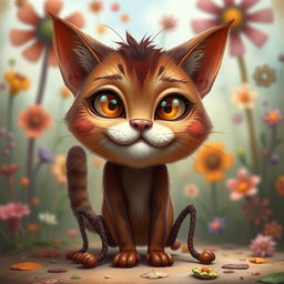 A whimsical and surreal character design of a cat with a rich brown and maroon color palette