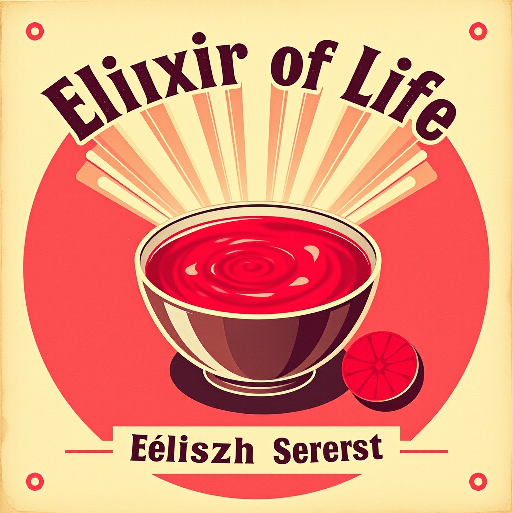 A vintage 1950s-style food poster featuring a glowing bowl of cold beet soup at the center, radiating light like a magical drink