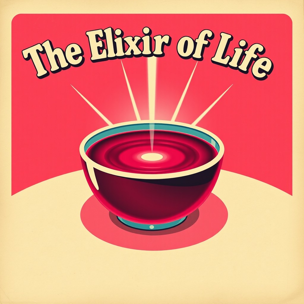 A vintage 1960s-style food poster showcasing a glowing bowl of cold beet soup at the center, radiating light like a magical drink