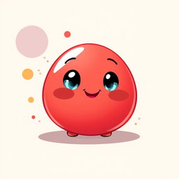 A whimsical small blobby red character, round and plump with a shiny surface, facial features showing a cute, friendly smile and large expressive eyes