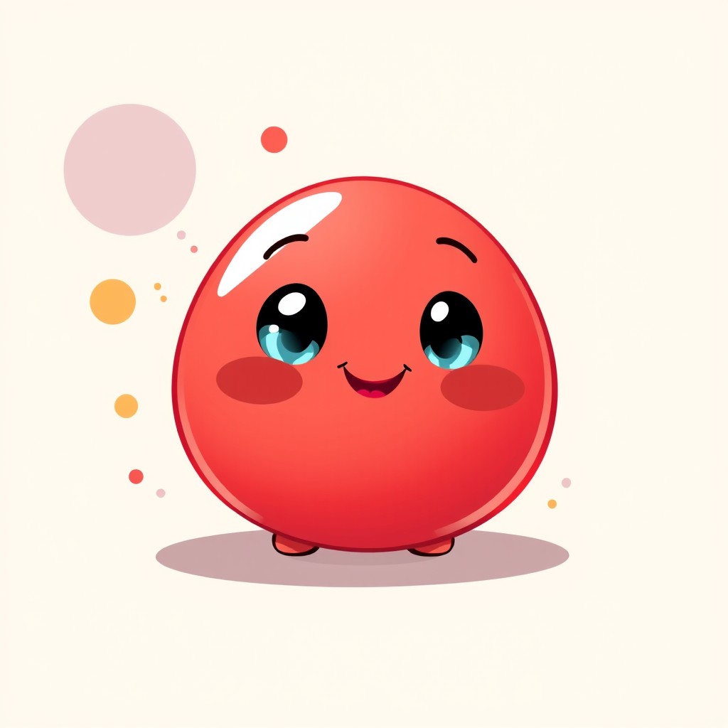 A whimsical small blobby red character, round and plump with a shiny surface, facial features showing a cute, friendly smile and large expressive eyes