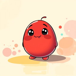 A whimsical small blobby red character, round and plump with a shiny surface, facial features showing a cute, friendly smile and large expressive eyes