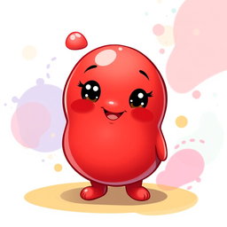 A whimsical small blobby red character, round and plump with a shiny surface, facial features showing a cute, friendly smile and large expressive eyes