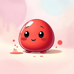 A whimsical small blobby red character, round and plump with a shiny surface, facial features showing a cute, friendly smile and large expressive eyes
