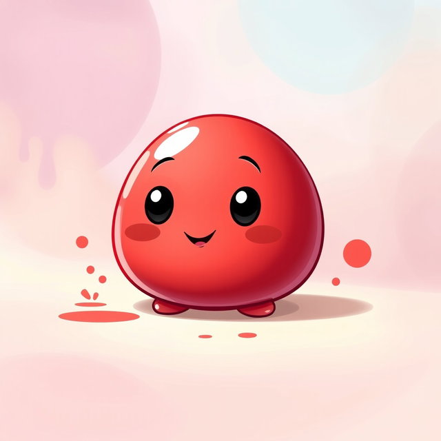 A whimsical small blobby red character, round and plump with a shiny surface, facial features showing a cute, friendly smile and large expressive eyes