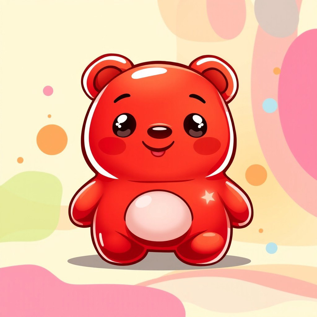 A small red character resembling a gummy bear, with a glossy and gelatinous appearance, plump and cute with rounded edges