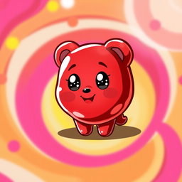 A small red character resembling a gummy bear, with a glossy and gelatinous appearance, plump and cute with rounded edges