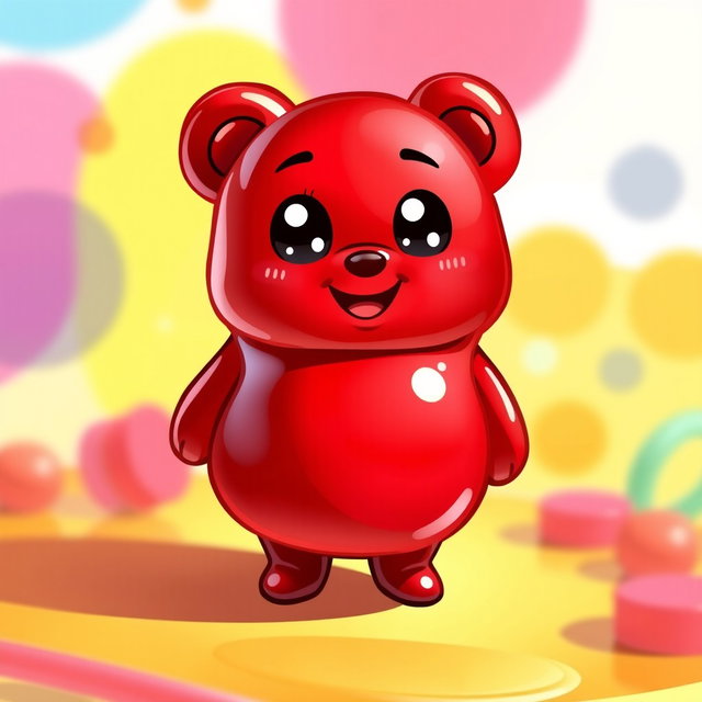 A small red character resembling a gummy bear, with a glossy and gelatinous appearance, plump and cute with rounded edges