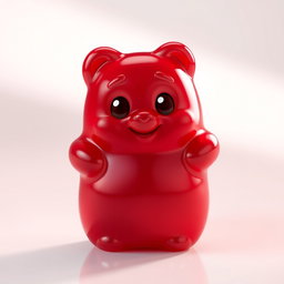 A small red character resembling a gummy bear, with a realistic glossy texture that mimics gelatin