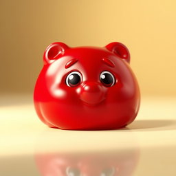 A small red character resembling a gummy bear, with a realistic glossy texture that mimics gelatin