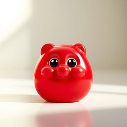 A small red character resembling a gummy bear, with a realistic glossy texture that mimics gelatin