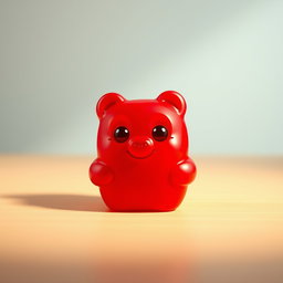 A small red character resembling a gummy bear, with a realistic glossy texture that mimics gelatin