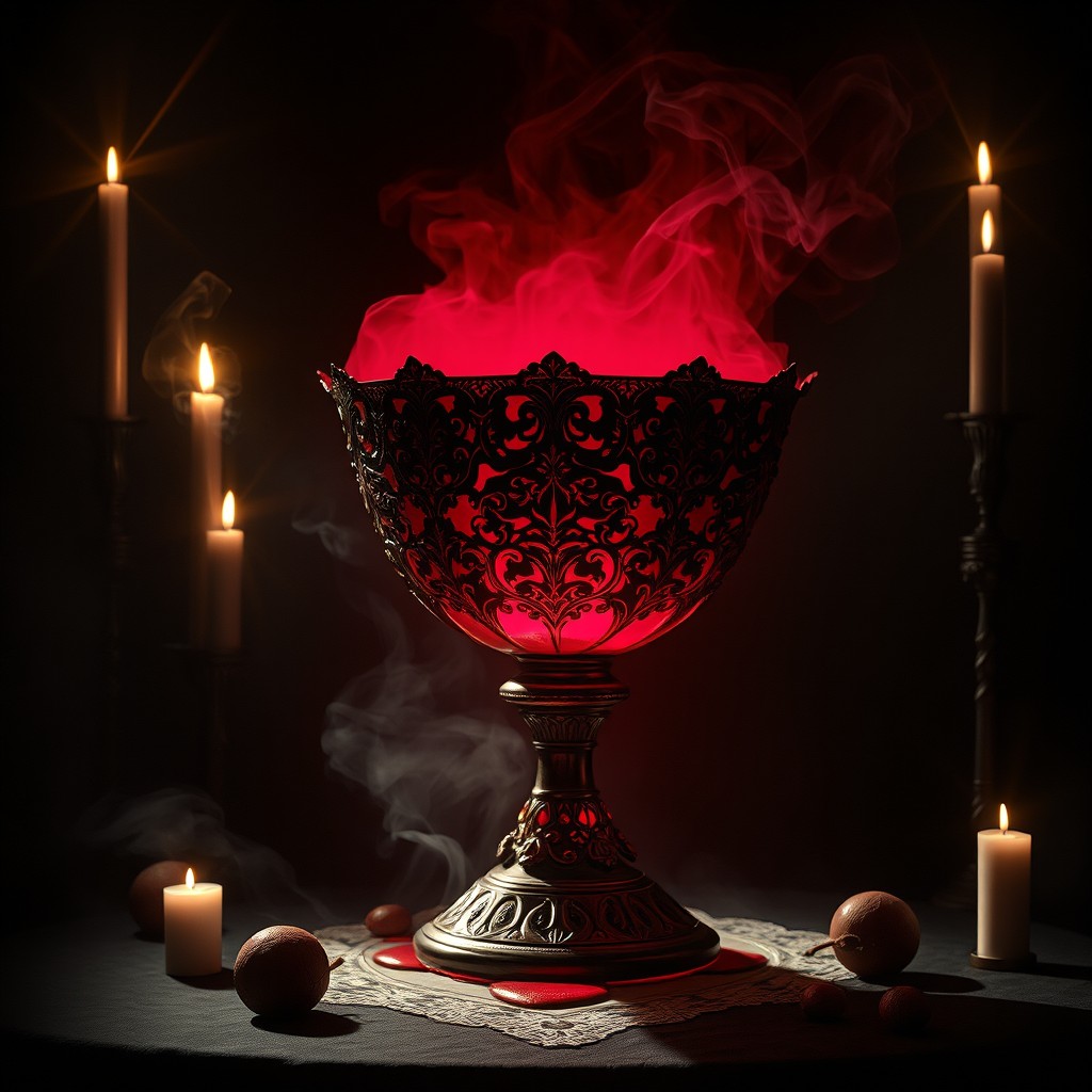 A gothic dark fantasy scene featuring a massive ornate chalice filled with cold beet soup (chłodnik), glowing ominously like a bloody potion