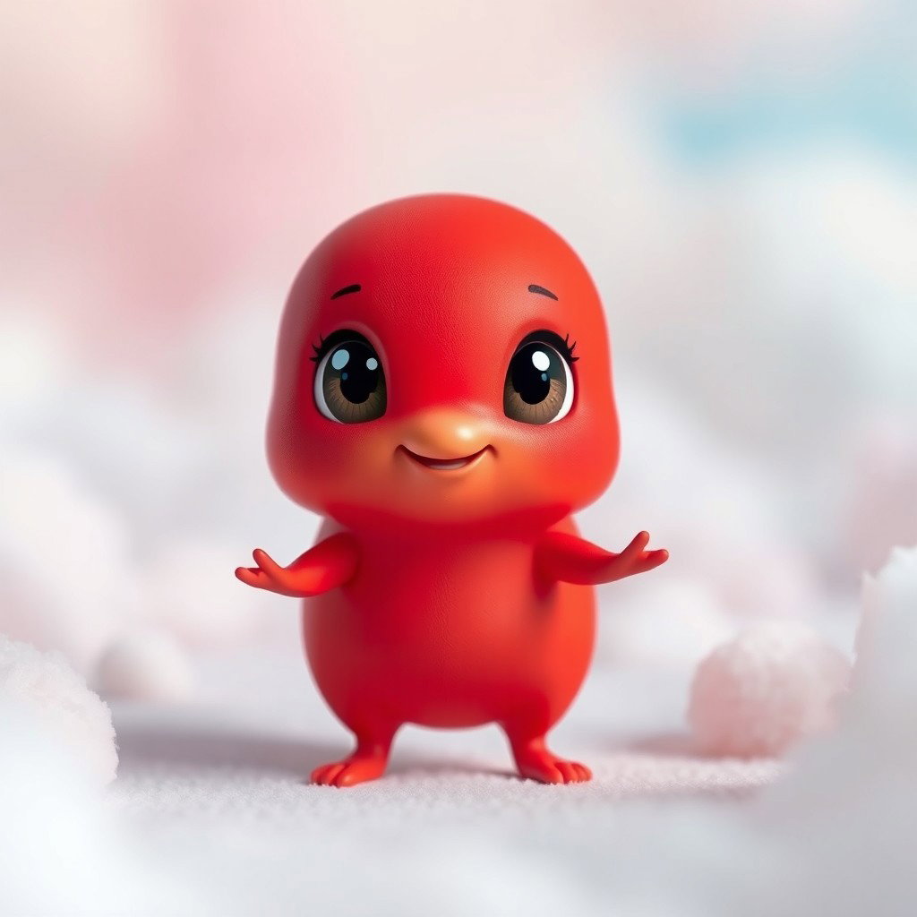 A charming small creature with a vibrant red body, possessing a regular, proportionate figure