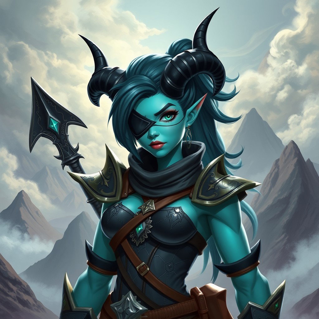 A fierce turquoise warrior female character, showcasing a strong and confident demeanor