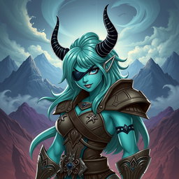 A fierce turquoise warrior female character, showcasing a strong and confident demeanor