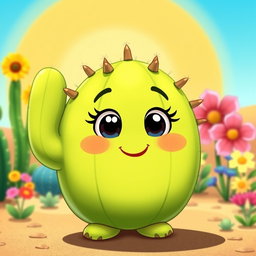 A delightful blobby cactus character with a vibrant green body, showcasing a soft, rounded shape that gives it a friendly and approachable appearance