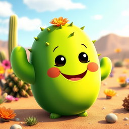 A delightful blobby cactus character with a vibrant green body, showcasing a soft, rounded shape that gives it a friendly and approachable appearance
