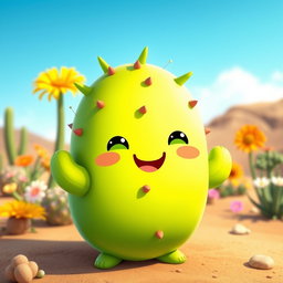 A delightful blobby cactus character with a vibrant green body, showcasing a soft, rounded shape that gives it a friendly and approachable appearance