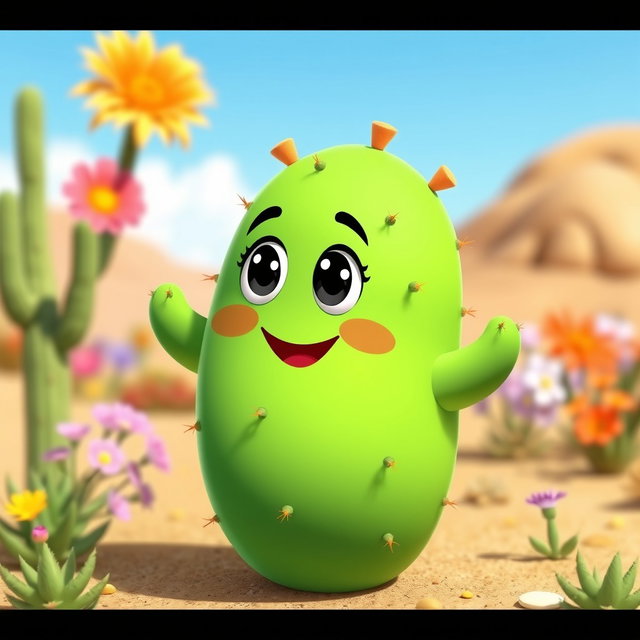 A delightful blobby cactus character with a vibrant green body, showcasing a soft, rounded shape that gives it a friendly and approachable appearance