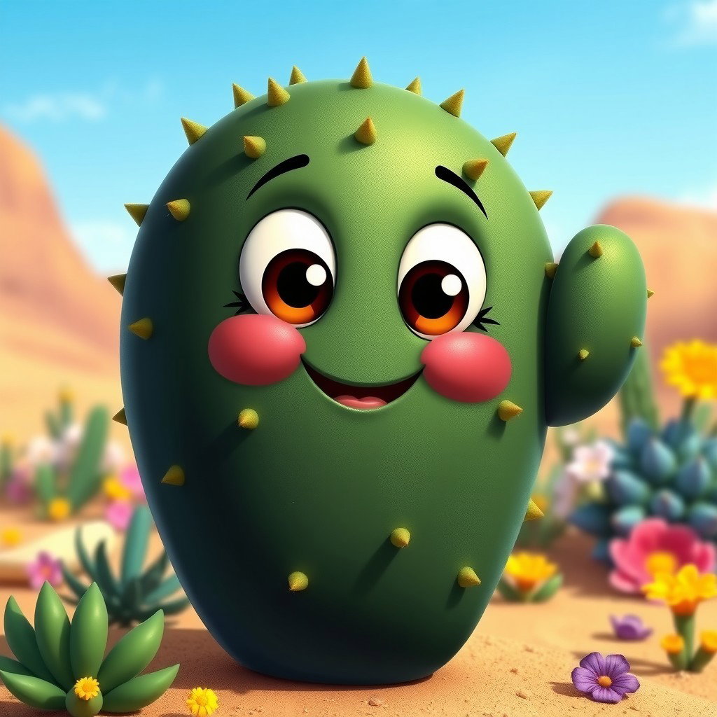 A charming dark green cactus character with a unique, rounded body shape and small, playful spikes adorning its surface