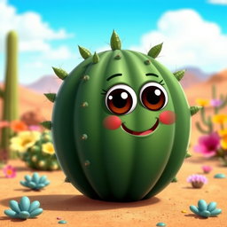 A charming dark green cactus character with a unique, rounded body shape and small, playful spikes adorning its surface