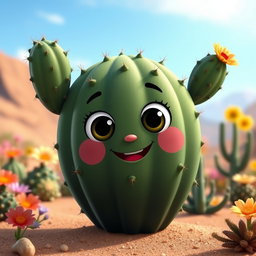 A charming dark green cactus character with a unique, rounded body shape and small, playful spikes adorning its surface