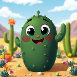 A charming dark green cactus character with a unique, rounded body shape and small, playful spikes adorning its surface