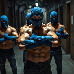 Un grupo de ladrones masculinos, todos sin camisetas, mostrando físicos musculosos y en forma