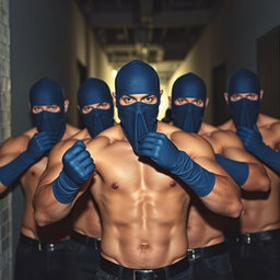Un grupo de ladrones masculinos, todos sin camisetas, mostrando físicos musculosos y en forma