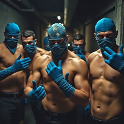 Un grupo de ladrones masculinos, todos sin camisetas, mostrando físicos musculosos y en forma