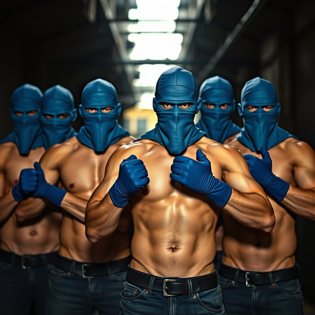 Un grupo de ladrones masculinos, todos sin camisetas, mostrando físicos musculosos y en forma