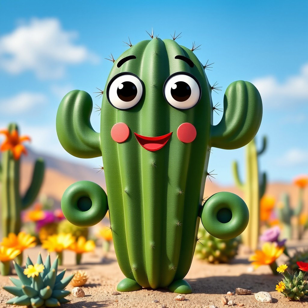 A cute dark green cactus character with circular arms and legs, giving it a playful and whimsical appearance