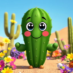 A cute dark green cactus character with circular arms and legs, giving it a playful and whimsical appearance