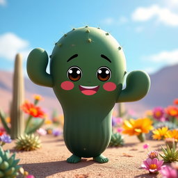 A cute dark green cactus character with circular arms and legs, giving it a playful and whimsical appearance
