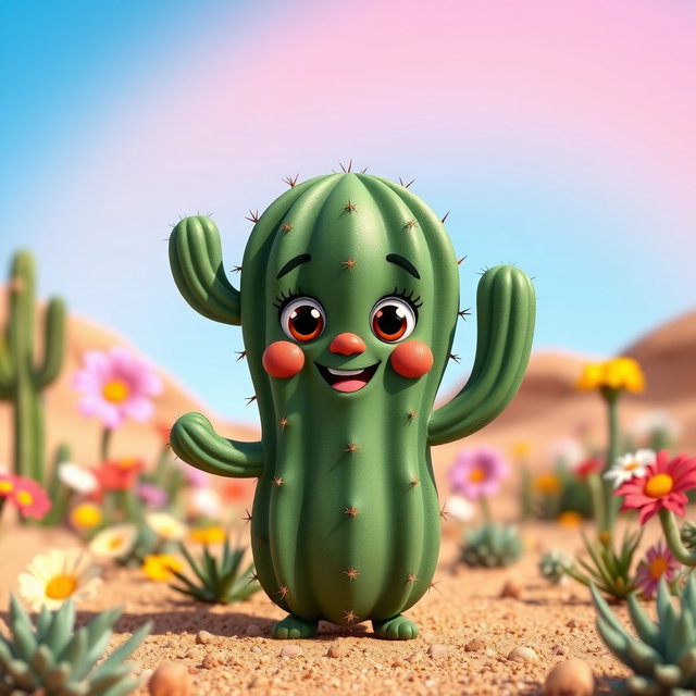 A cute dark green cactus character with circular arms and legs, giving it a playful and whimsical appearance
