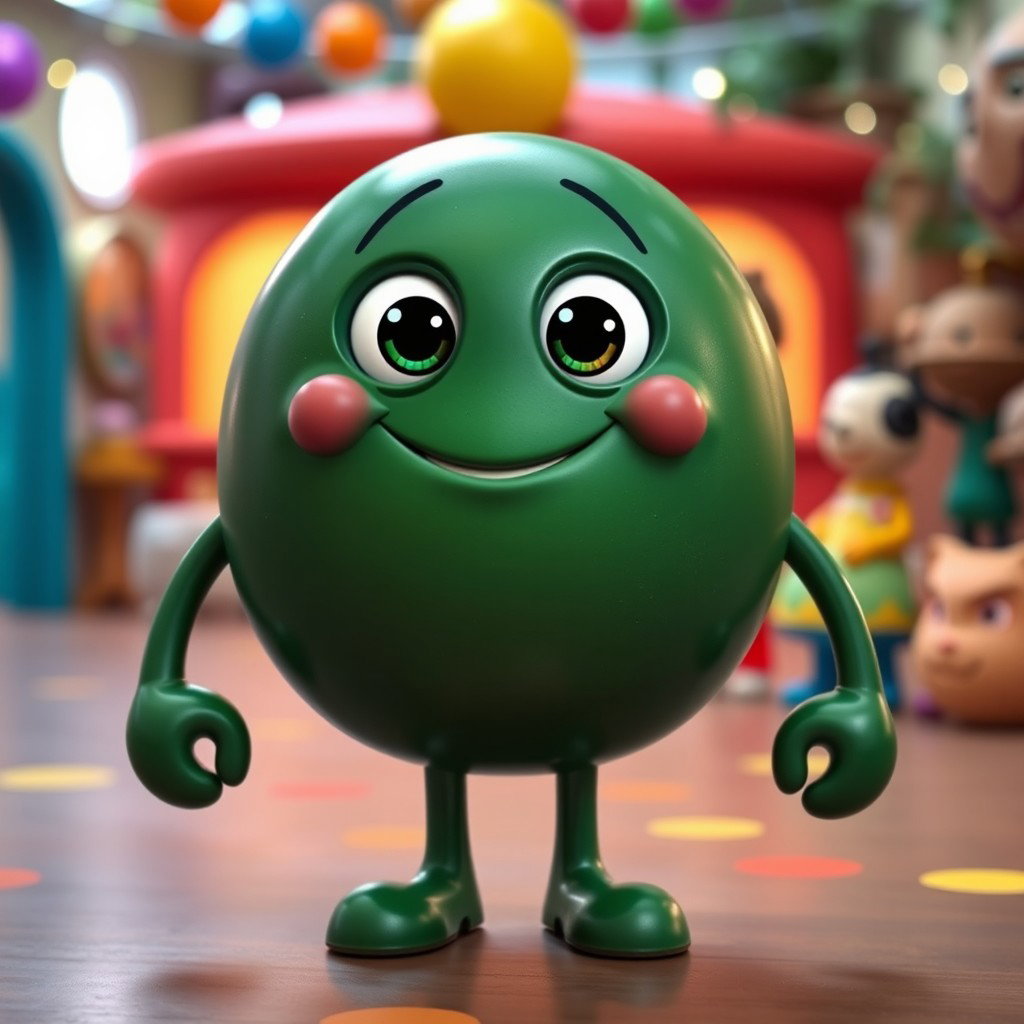An imaginative dark green character with a round body and circular arms and legs, creating a whimsical and playful appearance