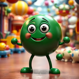 An imaginative dark green character with a round body and circular arms and legs, creating a whimsical and playful appearance