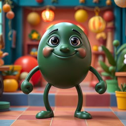An imaginative dark green character with a round body and circular arms and legs, creating a whimsical and playful appearance