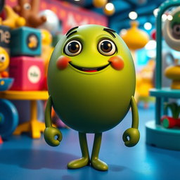 An imaginative dark green character with a round body and circular arms and legs, creating a whimsical and playful appearance