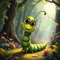 A whimsical deep green centipede character with a long, segmented body, featuring large, expressive eyes and a cheerful smile