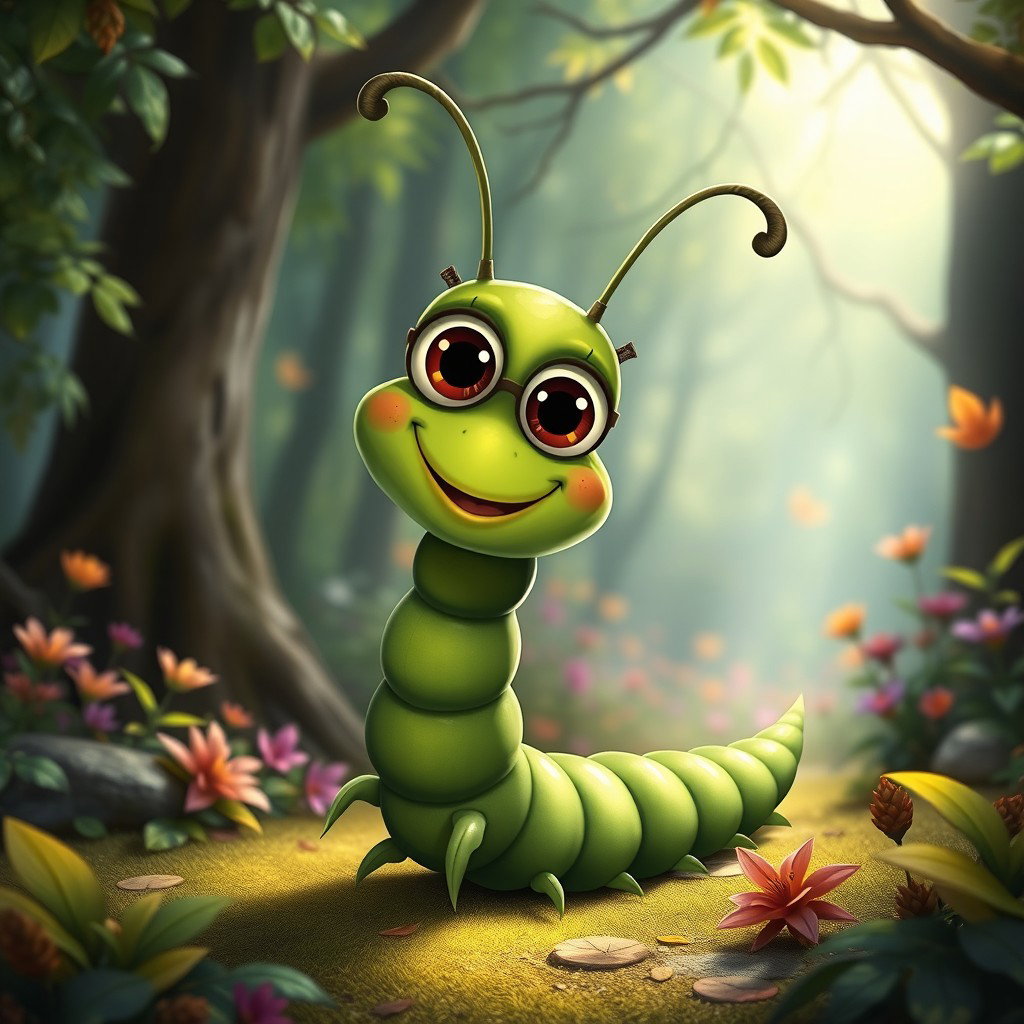 A whimsical deep green centipede character with a long, segmented body, featuring large, expressive eyes and a cheerful smile