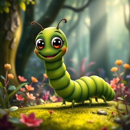 A whimsical deep green centipede character with a long, segmented body, featuring large, expressive eyes and a cheerful smile