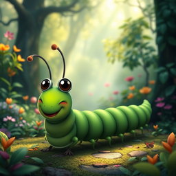 A whimsical deep green centipede character with a long, segmented body, featuring large, expressive eyes and a cheerful smile