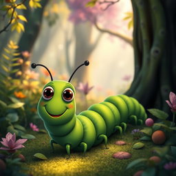 A whimsical deep green centipede character with a long, segmented body, featuring large, expressive eyes and a cheerful smile