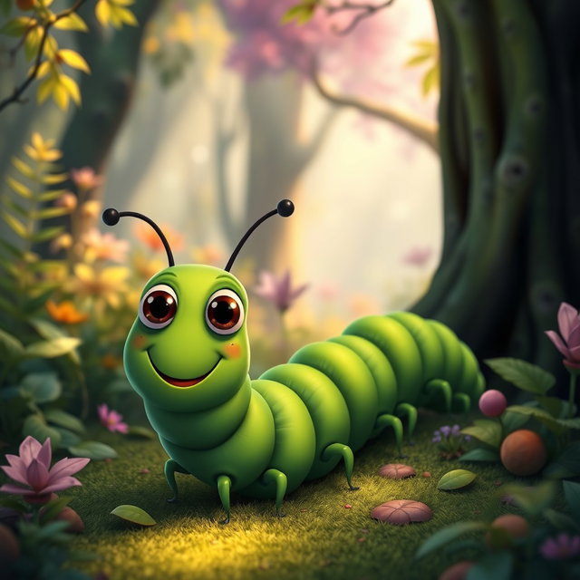 A whimsical deep green centipede character with a long, segmented body, featuring large, expressive eyes and a cheerful smile