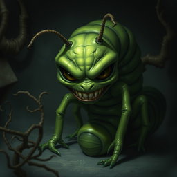 A creepy deep green centipede character with an elongated, segmented body that looks both intriguing and unsettling