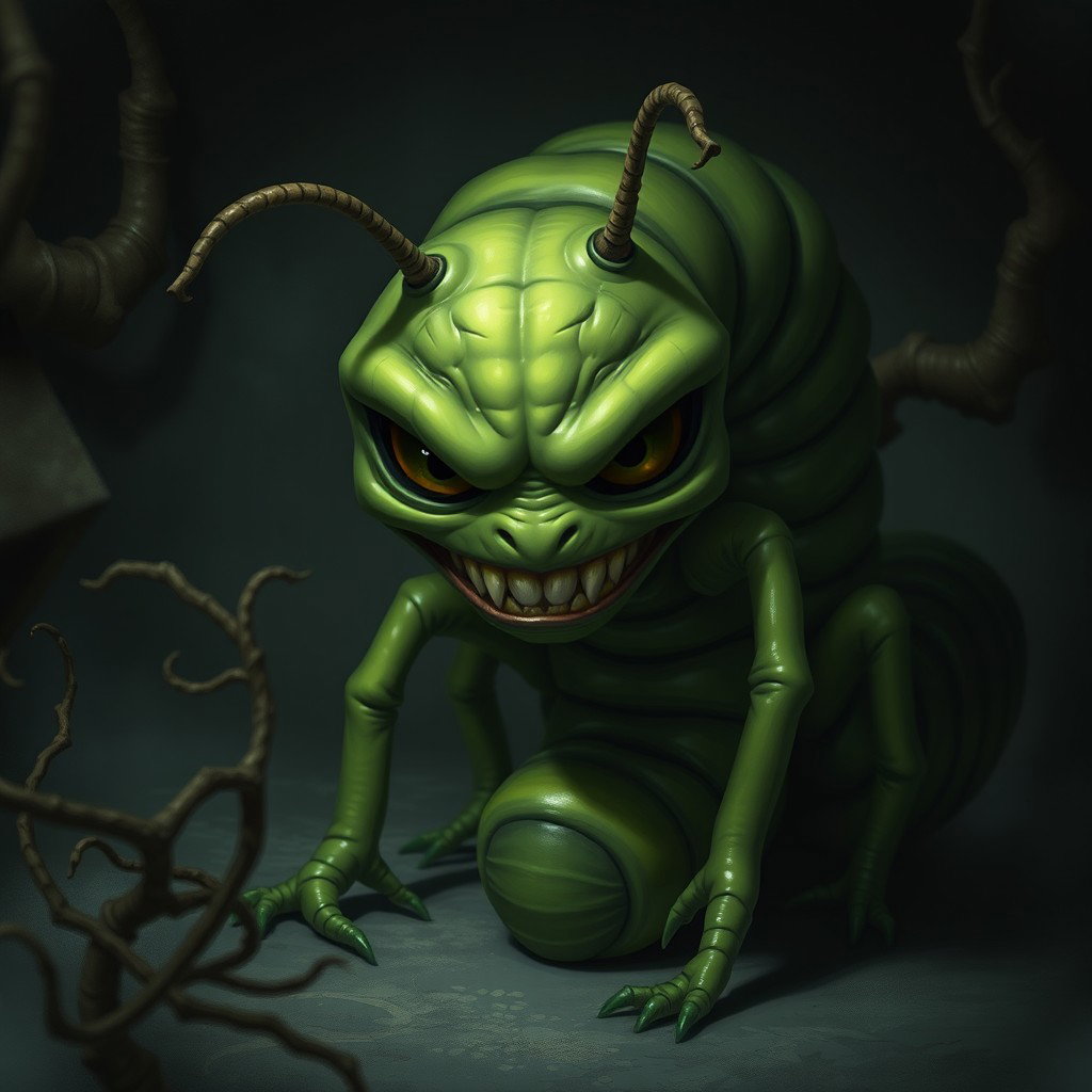 A creepy deep green centipede character with an elongated, segmented body that looks both intriguing and unsettling