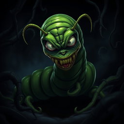 A creepy deep green centipede character with an elongated, segmented body that looks both intriguing and unsettling