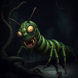 A creepy deep green centipede character with an elongated, segmented body that looks both intriguing and unsettling